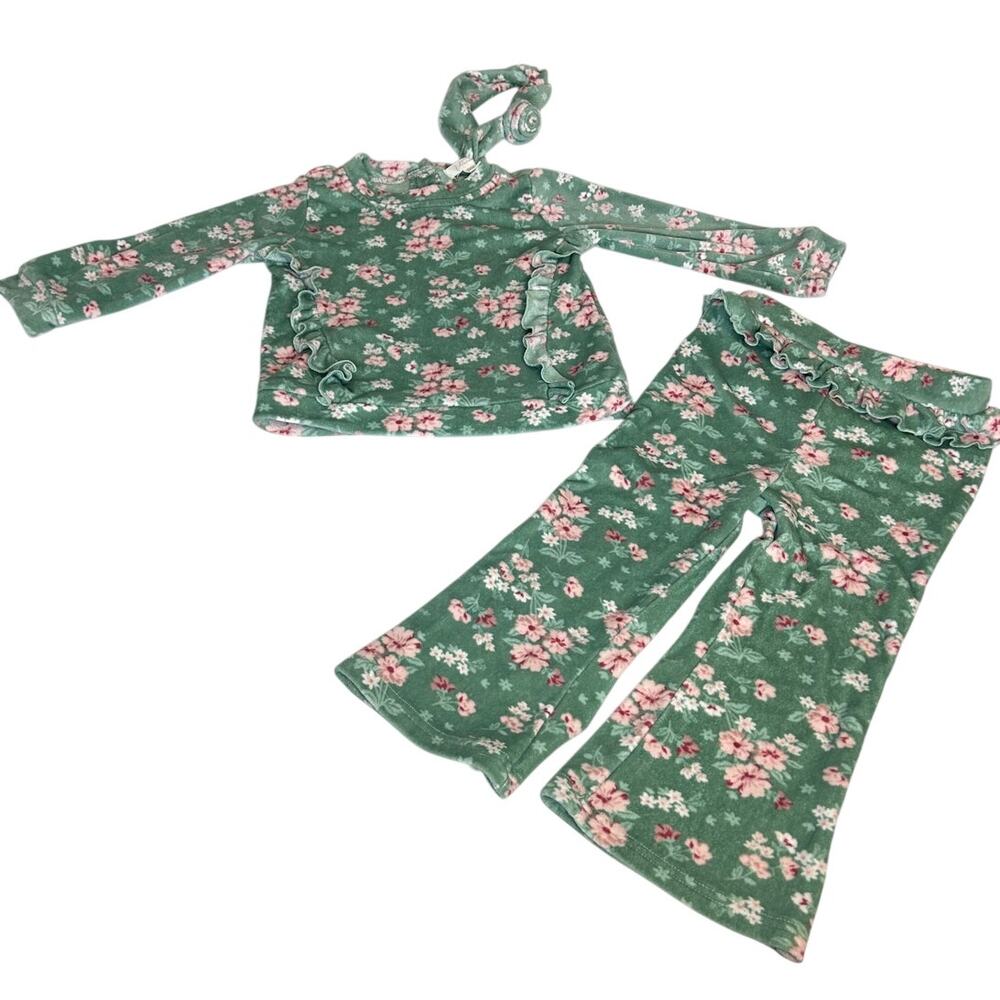 Nannette Floral set ruffled sage green top headband and flared bell bottoms